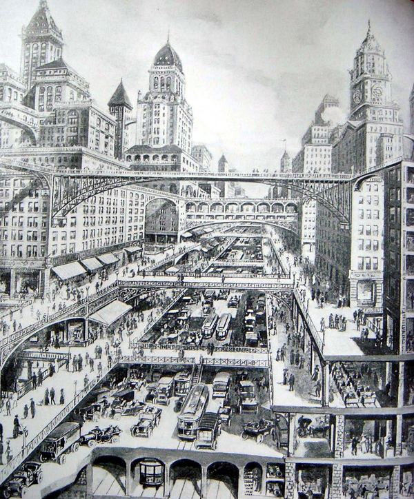 Ранний рисунок Харвея Корбетта «Город завтрашнего дня», 1913